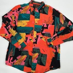 80s 90s Vintage Abstract Colorful‎ Rayon Button-down Shirt Wear the Righ…